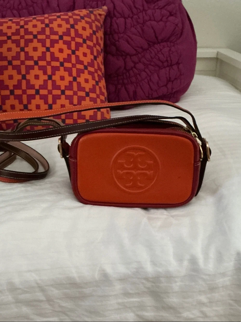 Tory Burch Orange Leather Crossbody Camera Bag with Tan Strap